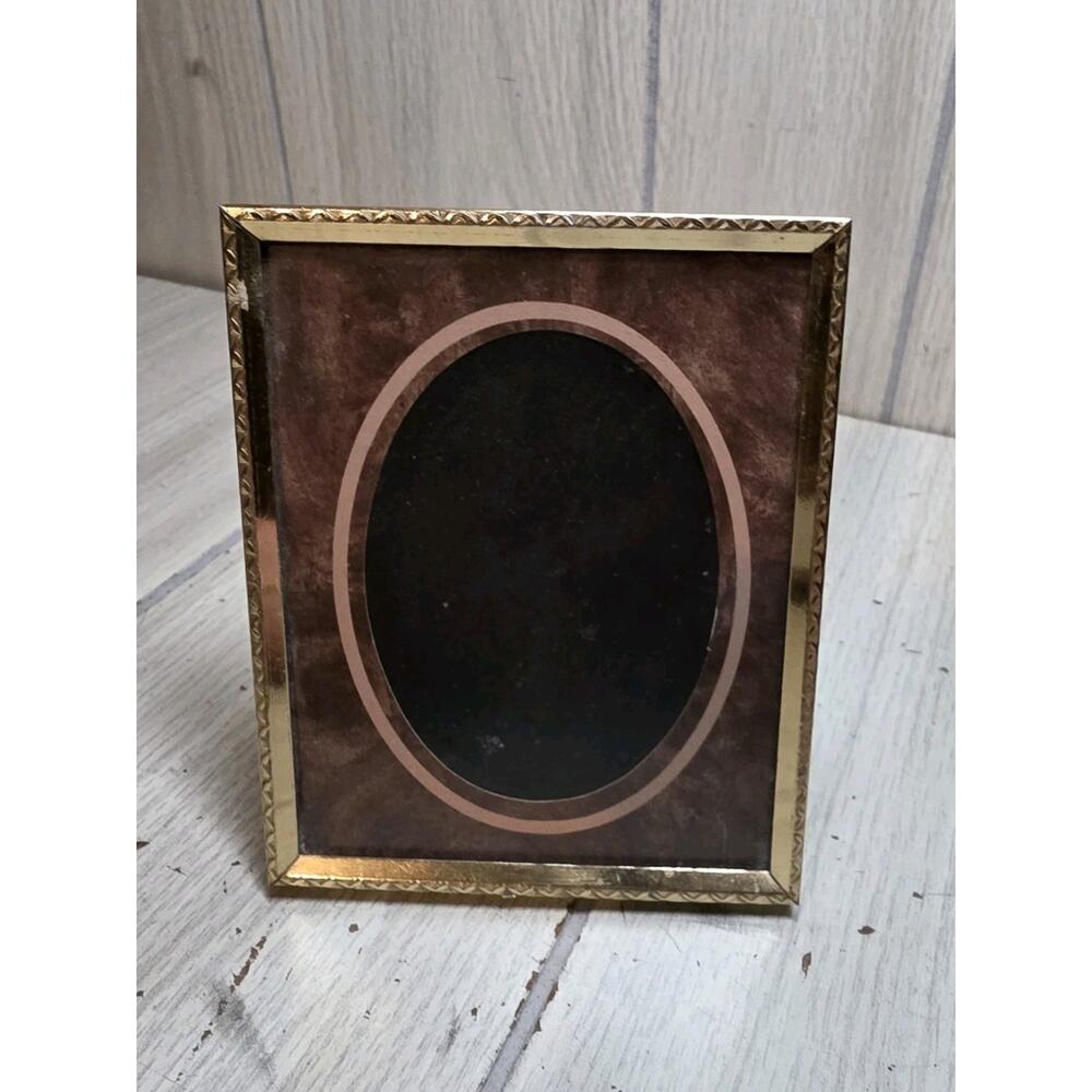 Vtg Photo Frame 4x5 Gold Metal Brown Matt Ornate Etched Easle 2.5x3.5 Picture